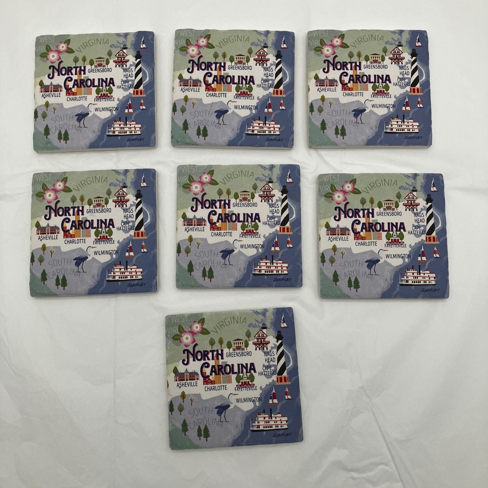 J. Brinley Coaster Set North Carolina Map 4in Blue Ceramic Cork Backing 7pc
